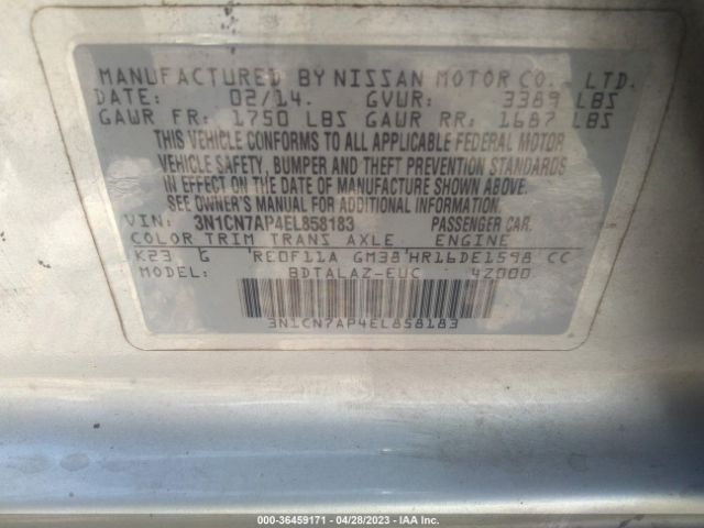 3N1CN7AP4EL858183 Nissan Versa S Plus