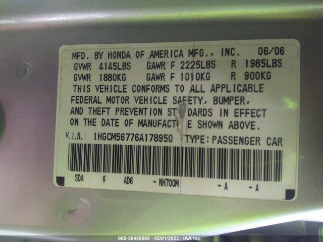 2006 HONDA ACCORD SDN EX/EX-L WITH NAVI VIN: 1HGCM56776A178950