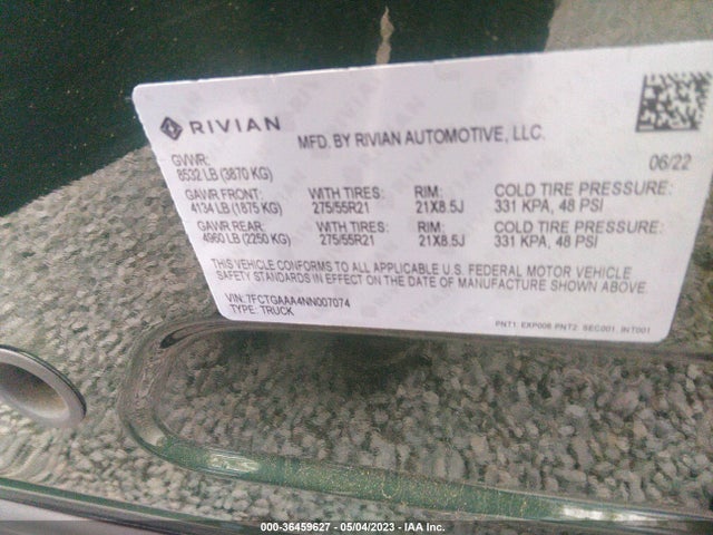 2022 Rivian R1T, VIN: 7FCTGAAA4NN007074
