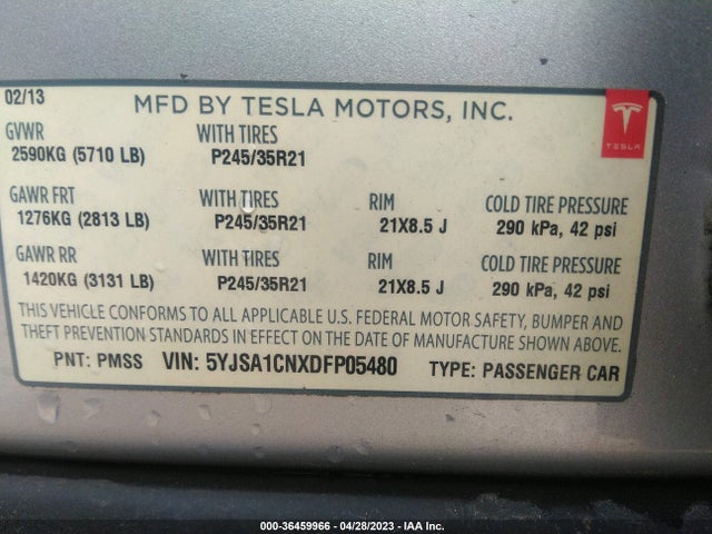 Aukcja sprzedaży 2013 Tesla Model S, vin: 5YJSA1CNXDFP05480, numer aukcji: 36459966
