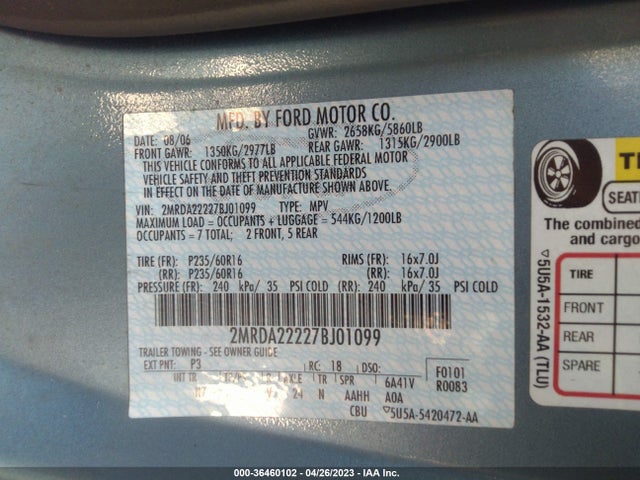 2007 MERCURY MONTEREY LUXURY VIN: 2MRDA22227BJ01099
