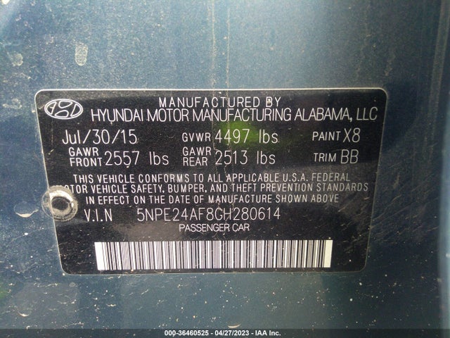 2016 HYUNDAI SONATA 2.4L SE VIN: 5NPE24AF8GH280614