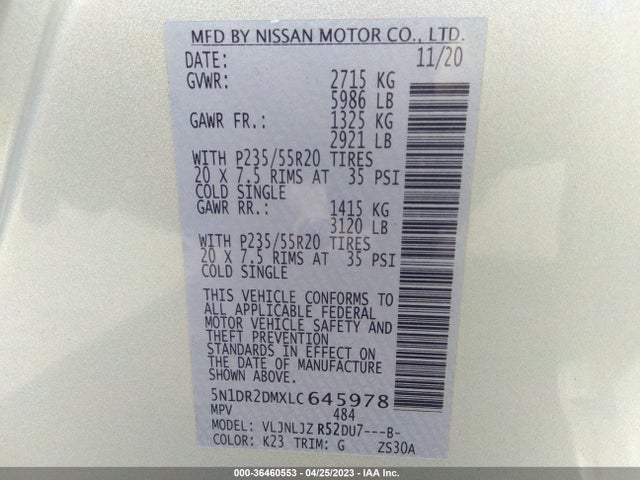 2020 NISSAN PATHFINDER PLATINUM VIN: 5N1DR2DMXLC645978