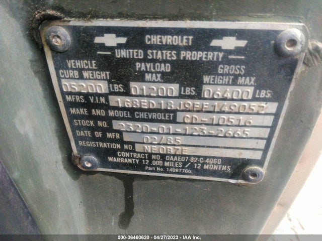 1985 CHEVROLET D10 MILITARY BLAZER VIN: 1G8ED18J9FF149052