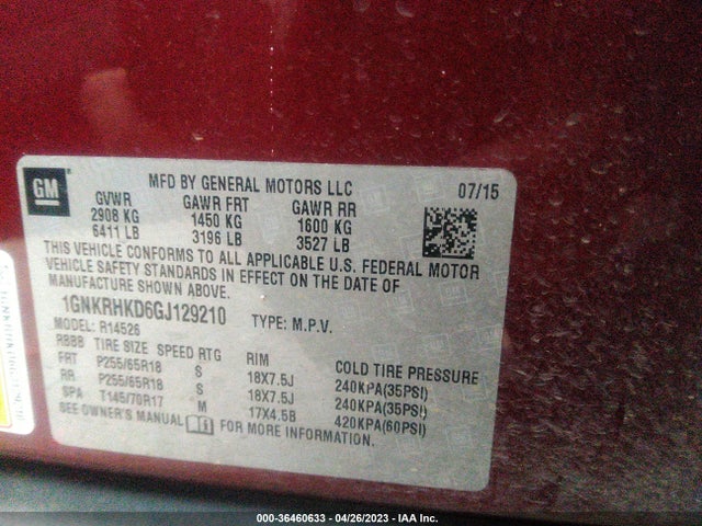 Chevrolet Traverse Lt 2016 1GNKRHKD6GJ129210 Image 10