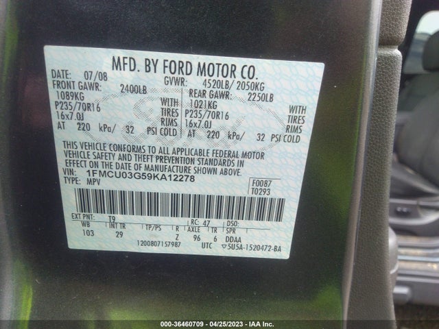 2009 FORD ESCAPE XLT VIN: 1FMCU03G59KA12278