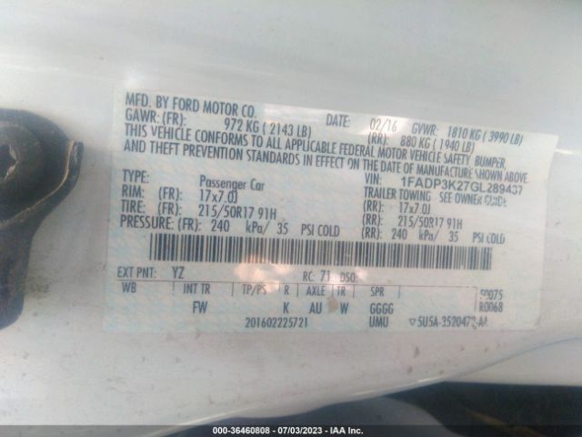 1FADP3K27GL289437 Ford FOCUS SE