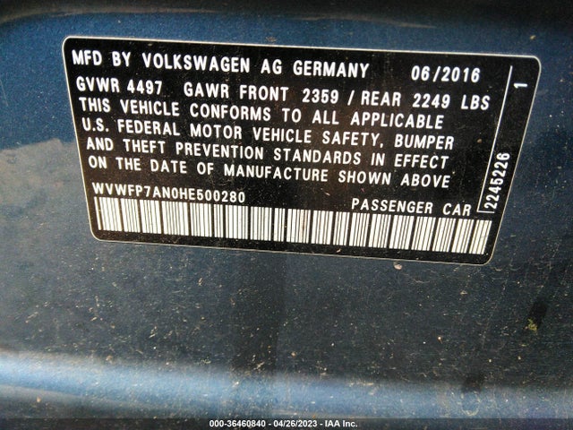 2017 Volkswagen CC, VIN: WVWFP7AN0HE500280