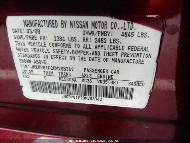 2008 INFINITI G35 SEDAN X VIN: JNKBV61F28M268342