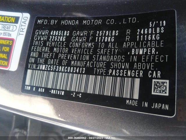 2019 HONDA CLARITY PLUG-IN HYBRID TOURING VIN: JHMZC5F39KC003413