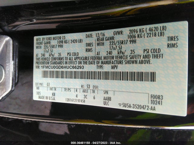 2017 FORD ESCAPE SE VIN: 1FMCU0GD6HUC66293