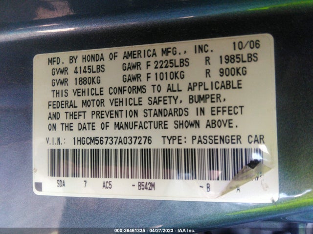 2007 HONDA ACCORD SDN EX/EX-L VIN: 1HGCM56737A037276