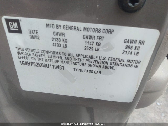 2003 BUICK LESABRE CUSTOM VIN: 1G4HP52K63U119481