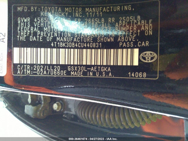 2012 TOYOTA AVALON VIN: 4T1BK3DB4CU440831