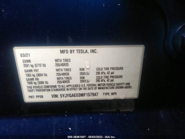 Tesla Model Y Long Range 2021 5YJYGAEE0MF157947 Image 12