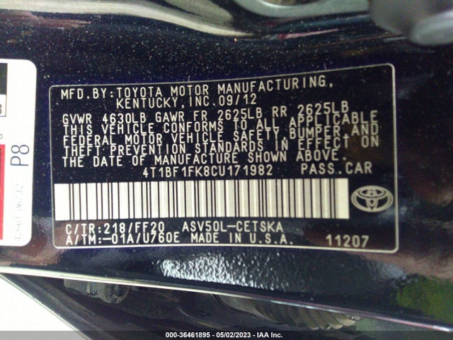 2012 TOYOTA CAMRY L/LE/SE/XLE VIN: 4T1BF1FK8CU171982