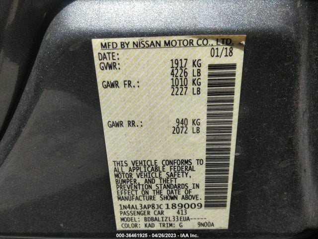2018 NISSAN ALTIMA 2.5 SV VIN: 1N4AL3AP8JC189009
