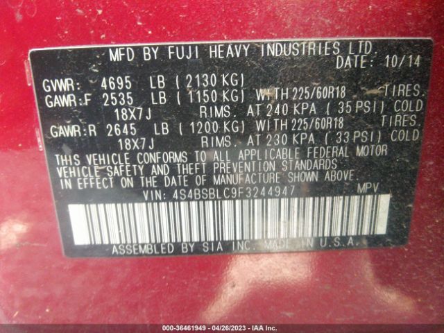 4S4BSBLC9F3244947 Subaru Outback 2.5i Limited