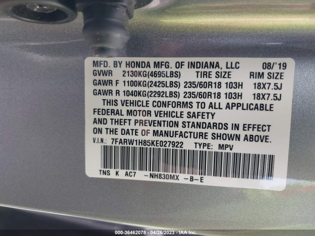 Honda Cr-v Ex-l 2019 7FARW1H85KE027922 Image 9