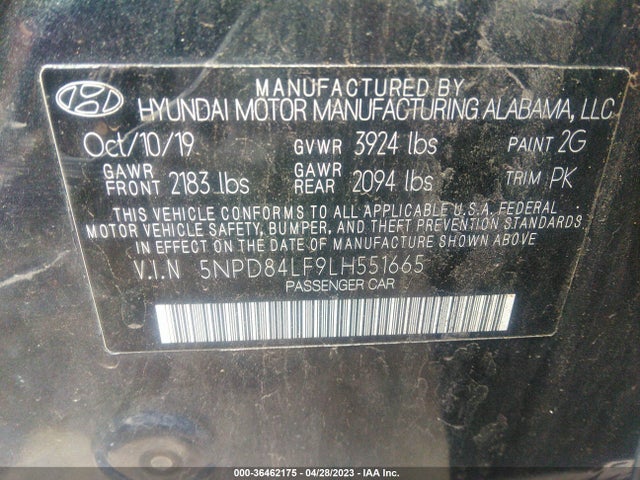 2020 HYUNDAI ELANTRA SEL VIN: 5NPD84LF9LH551665