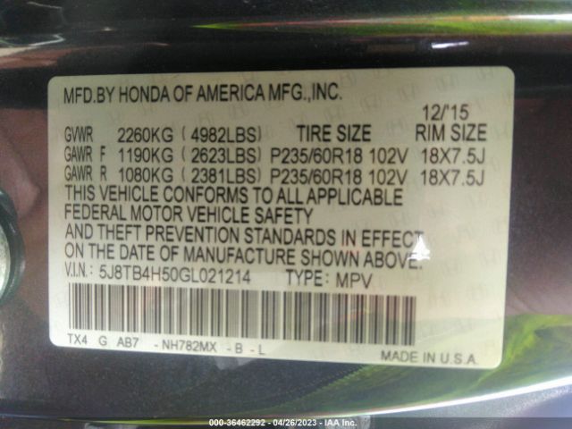 5J8TB4H50GL021214 Acura Rdx Tech Pkg/tech