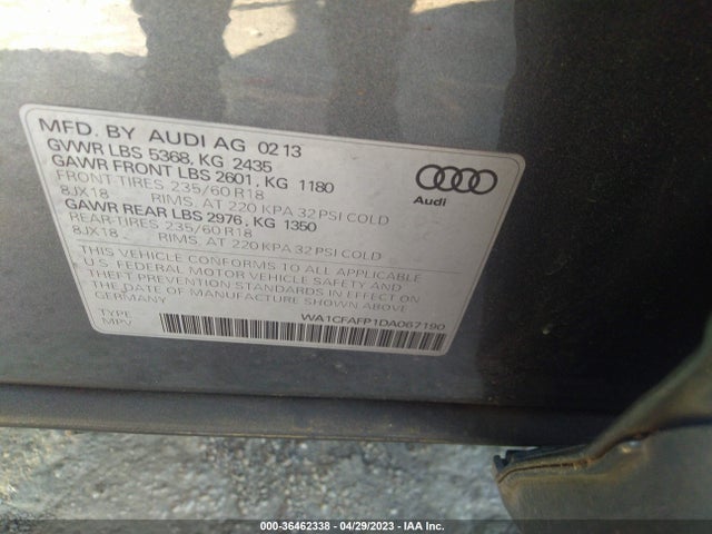 2013 AUDI Q5 PREMIUM VIN: WA1CFAFP1DA067190