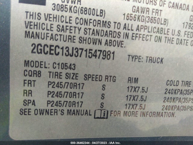 2007 CHEVROLET SILVERADO 1500 LT W/1LT VIN: 2GCEC13J371547981