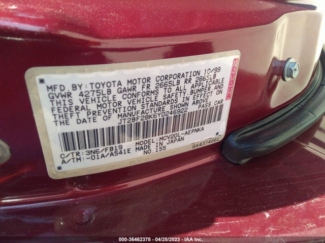 2000 TOYOTA CAMRY LE/XLE VIN: JT2BF28K6Y0246922