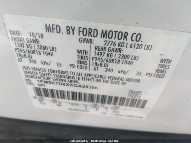 1FM5K7D8XKGA28306 Ford EXPLORER XLT