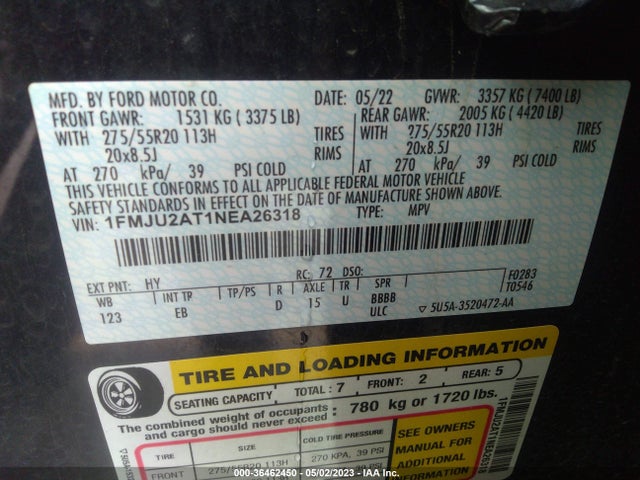 2022 FORD EXPEDITION LIMITED VIN: 1FMJU2AT1NEA26318