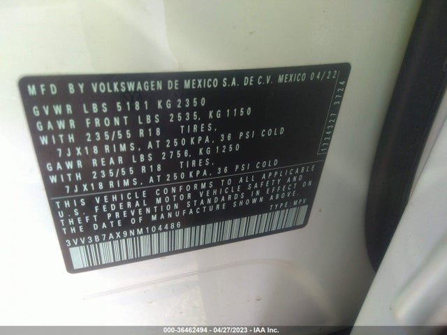 3VV3B7AX9NM104486 Volkswagen TIGUAN SE