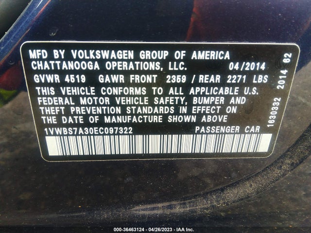 1VWBS7A30EC097322 Volkswagen Passat Se W/sunroof & Nav