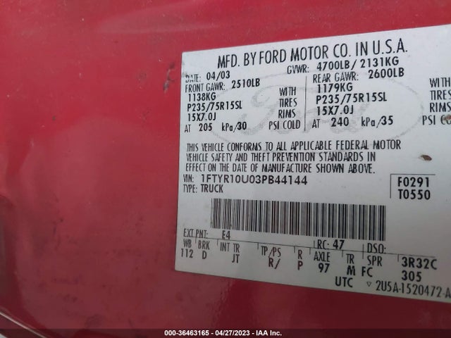 2003 FORD RANGER EDGE VIN: 1FTYR10U03PB44144
