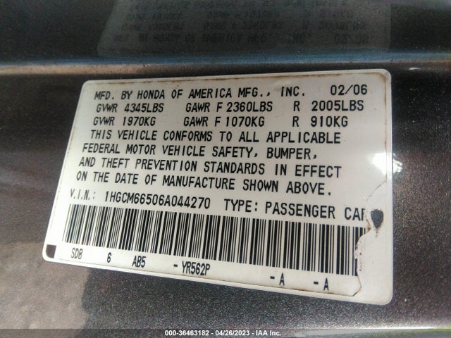 2006 HONDA ACCORD SDN EX-L V6 VIN: 1HGCM66506A044270