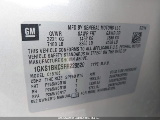 1GKS1BKC5FR229520 GMC YUKON SLT