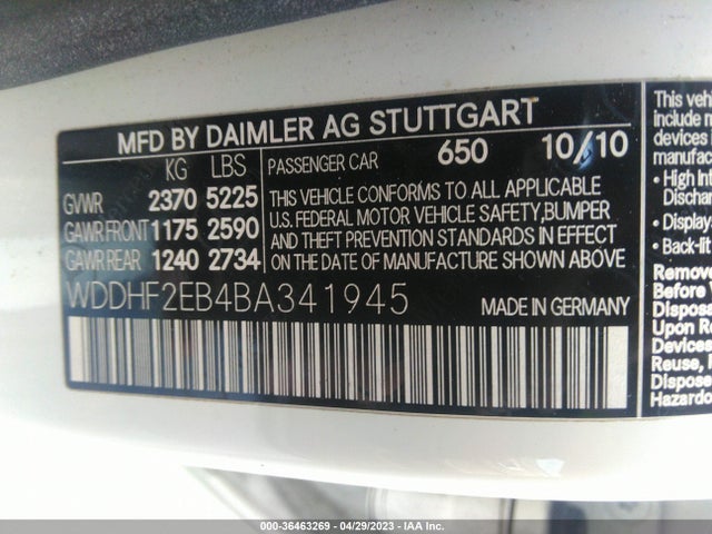2011 MERCEDES-BENZ E-CLASS E 350 BLUETEC VIN: WDDHF2EB4BA341945