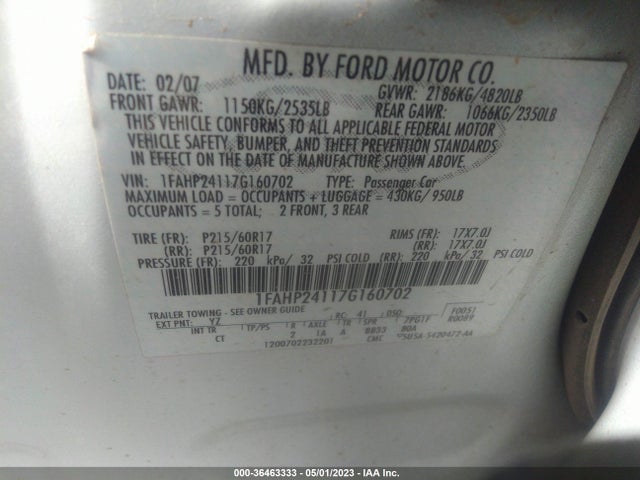 2007 FORD FIVE HUNDRED SEL VIN: 1FAHP24117G160702