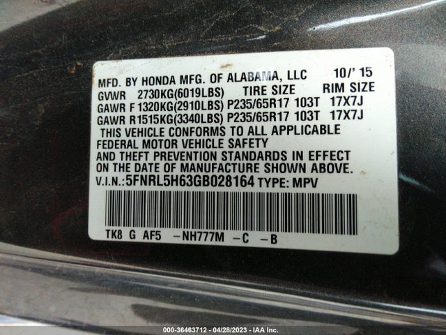 Honda Odyssey Ex-l 2016 5FNRL5H63GB028164 Image 9