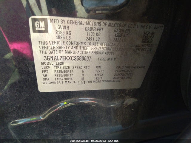2012 CHEVROLET CAPTIVA SPORT FLEET LS W/2LS VIN: 3GNAL2EKXCS580007