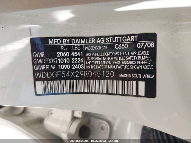 2009 MERCEDES-BENZ C-CLASS 3.0L VIN: WDDGF54X29R045120