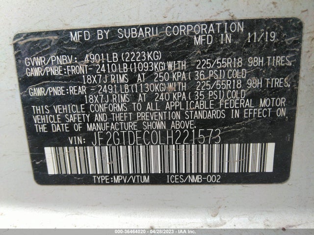 2020 SUBARU CROSSTREK HYBRID VIN: JF2GTDEC0LH221573