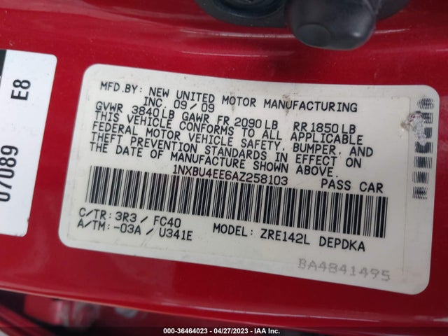 2010 TOYOTA COROLLA VIN: 1NXBU4EE6AZ258103