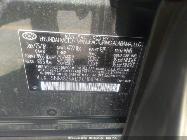 2019 HYUNDAI SANTA FE SE VIN: 5NMS23AD9KH082402