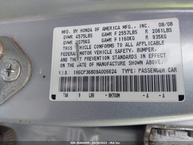 2009 HONDA ACCORD SDN EX-L VIN: 1HGCP36809A006624