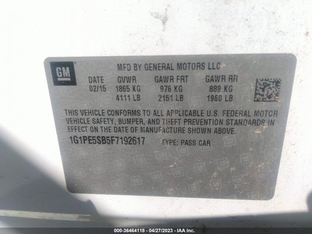 Chevrolet CRUZE LT 2015 1G1PE5SB5F7192617 Image 9