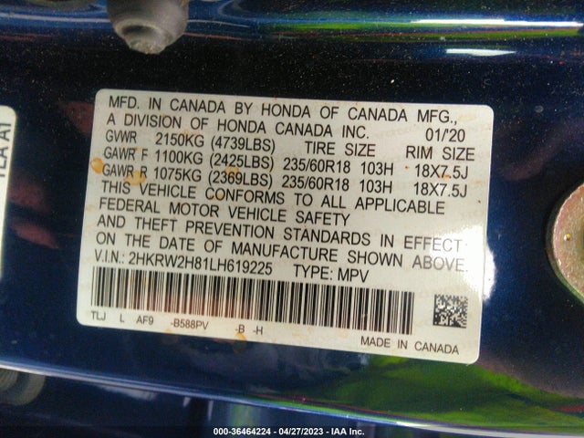 Honda Cr-v Ex-l 2020 2HKRW2H81LH619225 Image 9