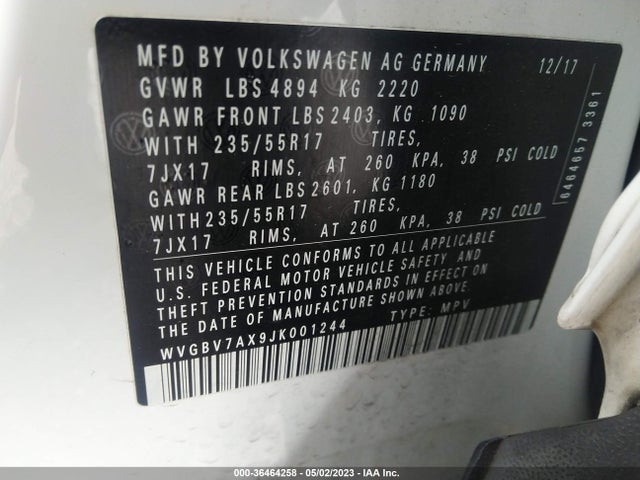 WVGBV7AX9JK001244 Volkswagen TIGUAN LIMITED