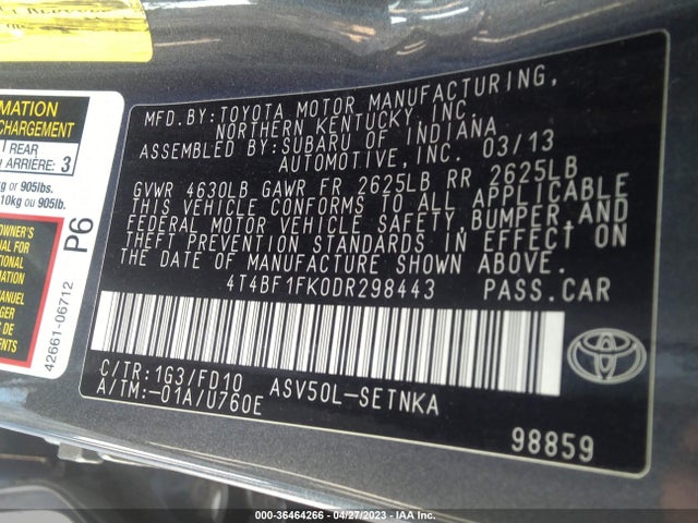2013 TOYOTA CAMRY L/LE/SE/XLE VIN: 4T4BF1FK0DR298443