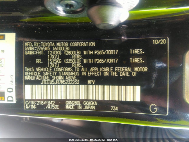 2021 TOYOTA 4RUNNER SR5 VIN: JTEEU5JR7M5232233