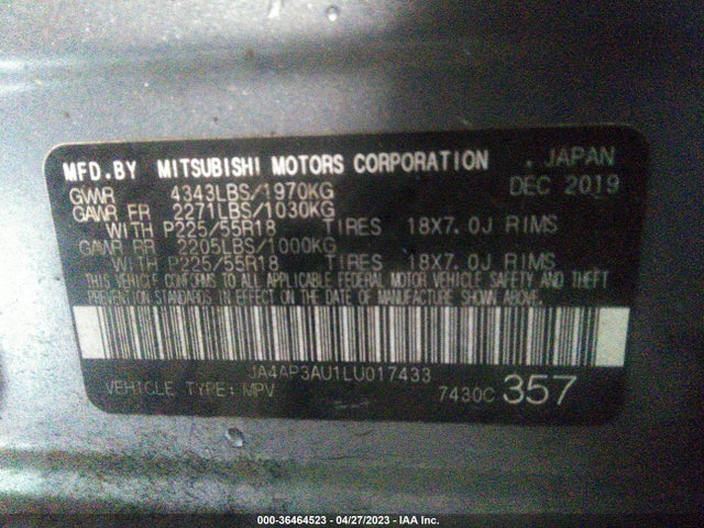 JA4AP3AU1LU017433 Mitsubishi Outlander Sport Es 2.0/sp 2.0